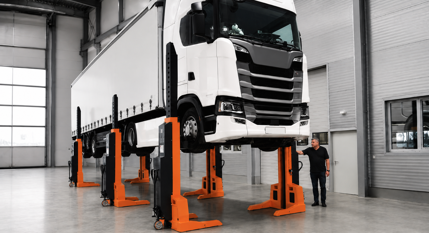 Weißer LKW auf mobilen orangefarbenen Radgreifer-Hebesäulen in einer Werkstatthalle