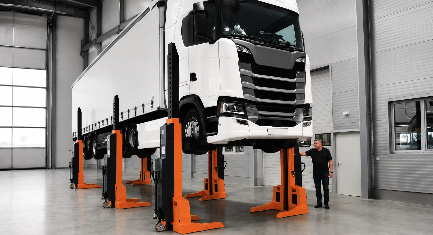 Weißer LKW auf mobilen orangefarbenen Radgreifer-Hebesäulen in einer Werkstatthalle